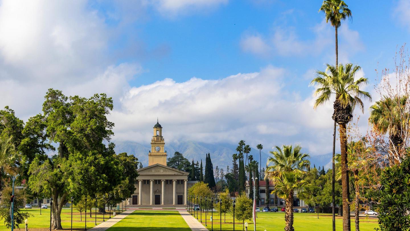 Landscape image capturing the Memorial Chapel and the quad.